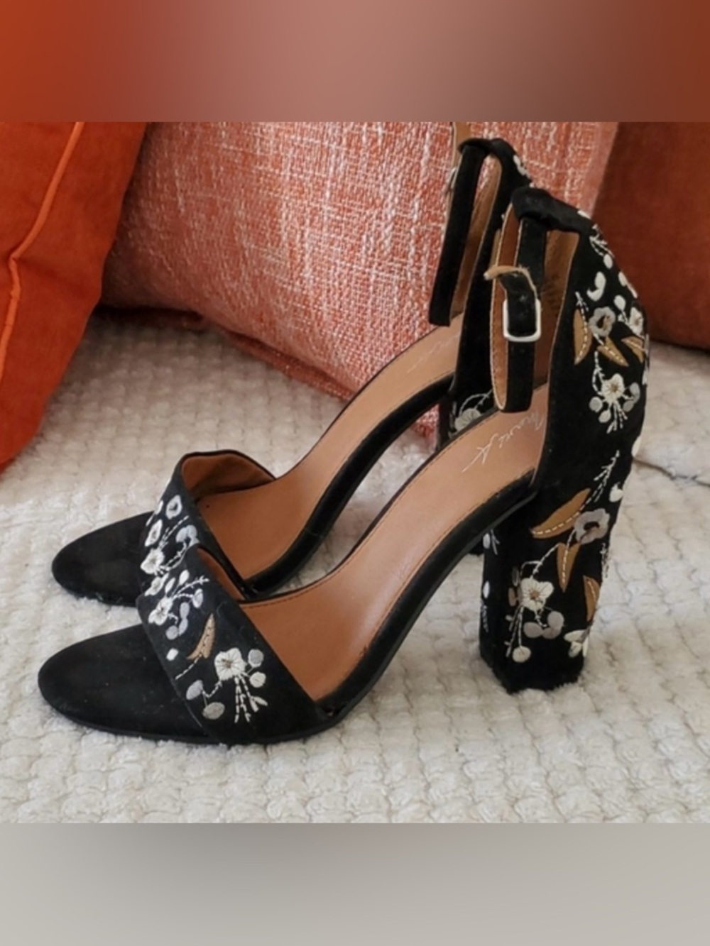 Black Embroidered Block Heel Sandals with Ankle Strap